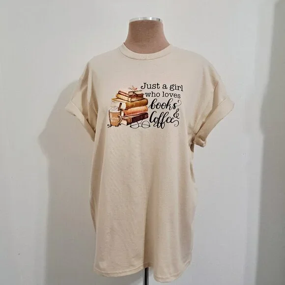 Loves Books & Coffee Graphic Cotton Tee Short Sleeve Beige Color SIze L/G NOWT - Picture 1 of 5